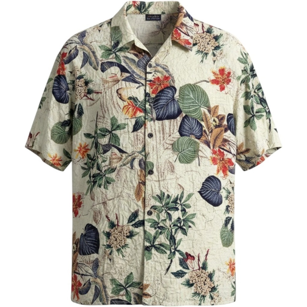 JOGAL Mens XL Hawaiian Shirt Cream Floral Tropical Short Sleeve Button Up Travel